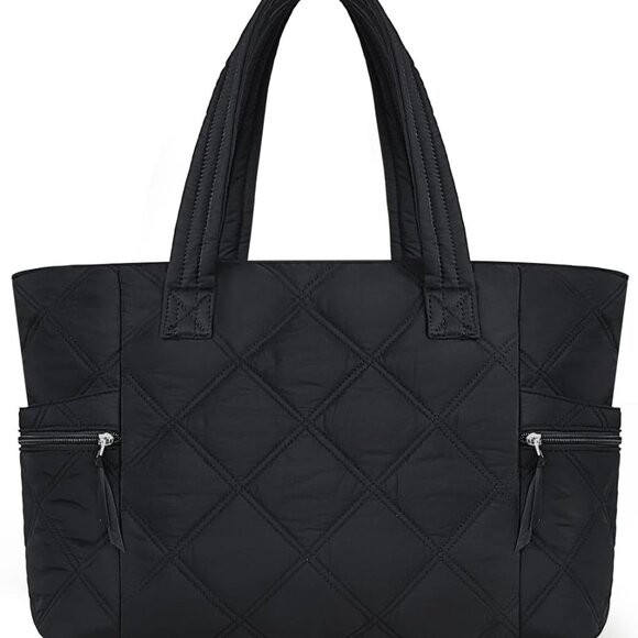 Quilted Tote Bag Women Lightweight Puffer Travel Laptop Work Gym Black - Picture 1 of 7